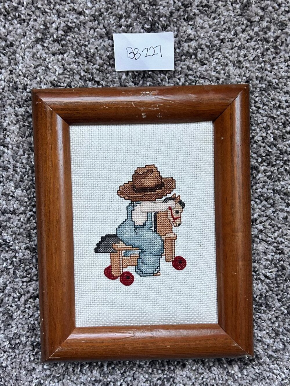 Cross Stitch Piece Finished Framed Kids Little Boy Cowboy Hat Horse